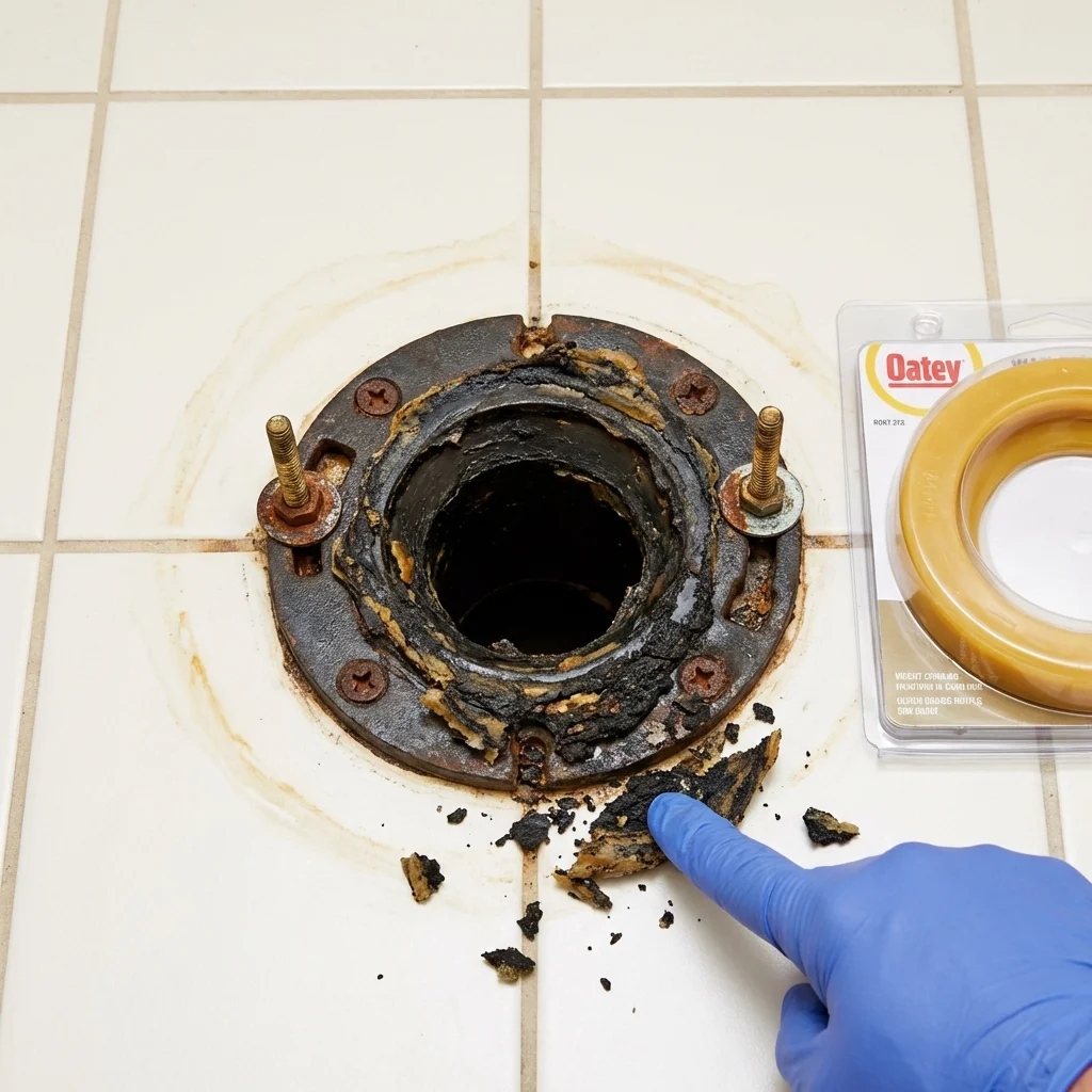 Failed wax ring showing water seepage at the base of a toilet in a Fowler, CO home