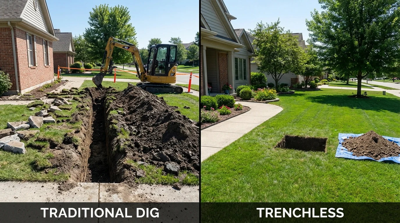 Trenchless sewer repair with minimal yard damage versus traditional excavation in Fowler, CO