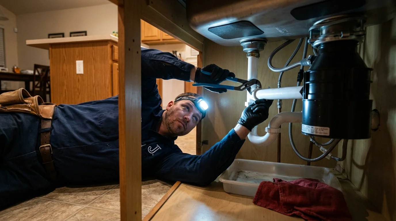 P-trap and supply line connections under a kitchen sink showing a common leak point in Fowler, CO
